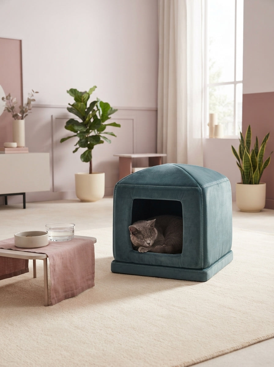A luxurious velvet cat house with an orthopedic base placed in a modern, sunlit room with soft mauve and cream decor.