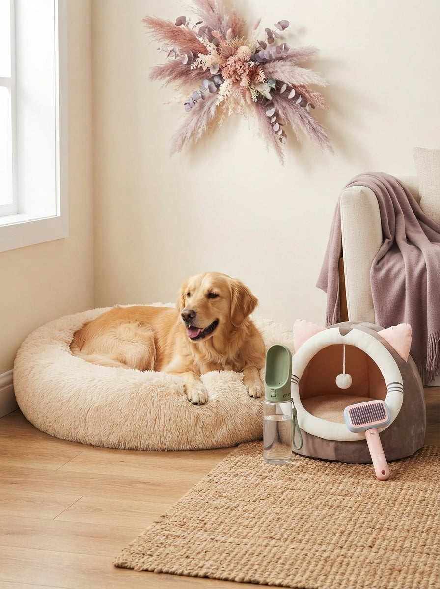 A cozy pet wellness scene with a plush bed, velvet house, water bottle, and grooming brush in a warm, elegant room.