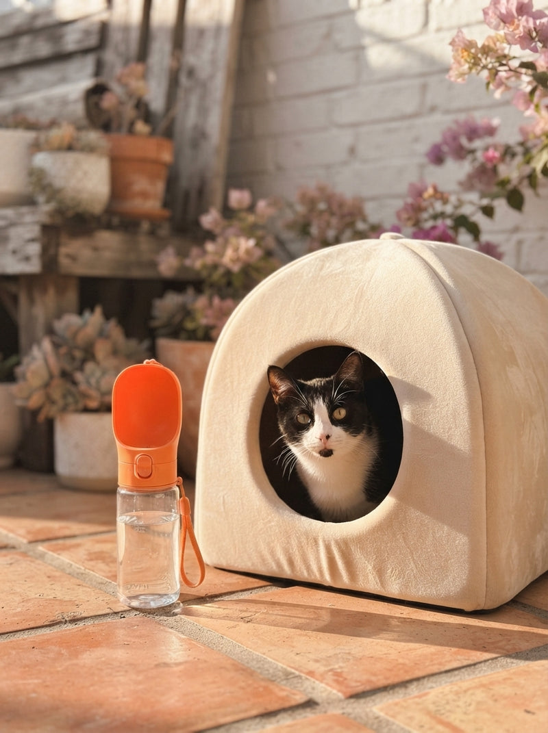 A tuxedo cat peering from a velvet pet house on a sunny patio next to an orange portable water bottle.
